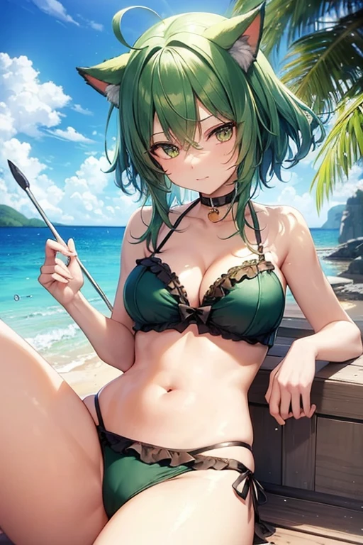 green haired girl with cat ears in bikini with big tits