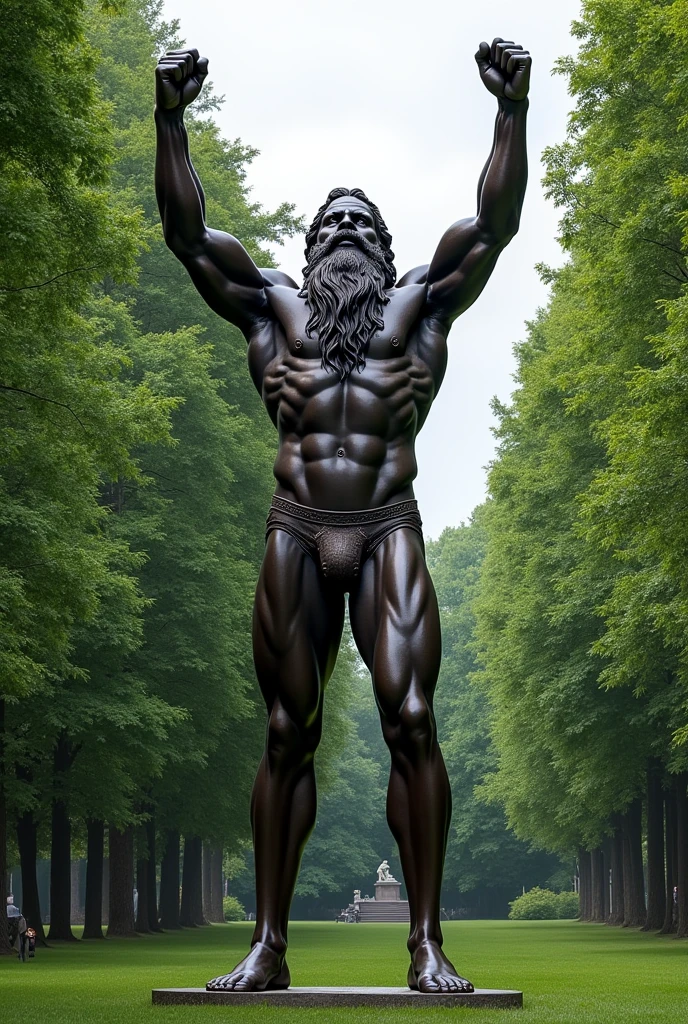 Giant statue in a park of a bearded black man in his underwear with his hands raised to the sky.