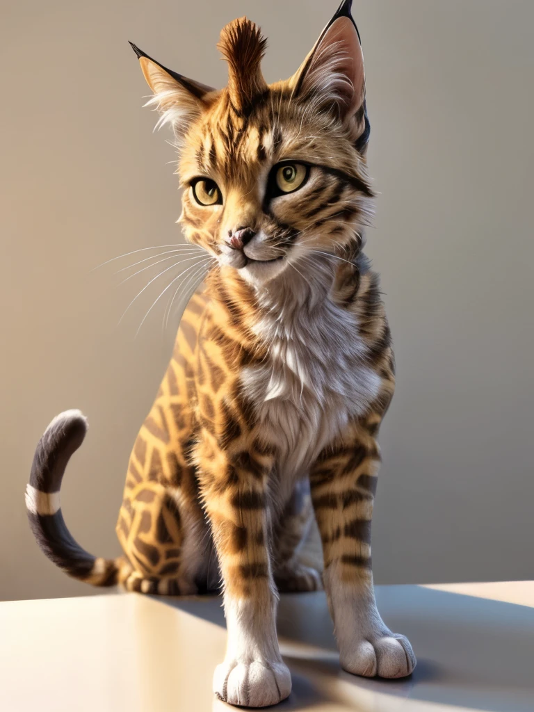 there is a cat sitting on a white surface looking at the camera, cat giraffe hybrid, the cat looks like giraffe, very handsome, spotted ultra realistic, cat dog hybrid, has a very realistic look to it, sora as a cat, tabaxi male, a handsome, high-resolution photo, cute looking, awesome cat, a cat, human cat hybrid