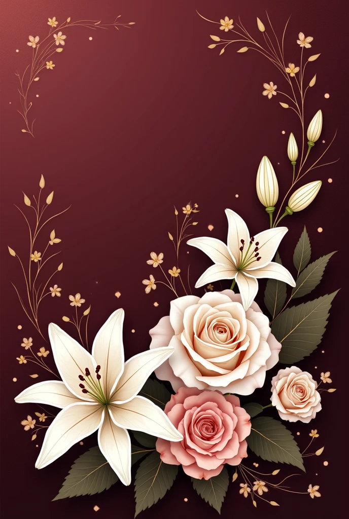Create a floral vector image, elegante e sofisticada, with wine or marsala color as the main base. The color palette should be complemented by neutral and soft tones., like gold or white, to balance the intensity of the main color. Flowers should be detailed and refined, like roses and lilies, that symbolize eternal love and devotion. Design should be classic and timeless, suitable for invitations and souvenirs for a 70th wedding anniversary vow renewal, conveying the beauty and depth of a union that has lasted for seven decades