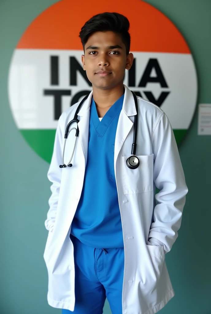 Indian boy wearing normal doctor MBBS dress posing for name Nadeem India Today in background