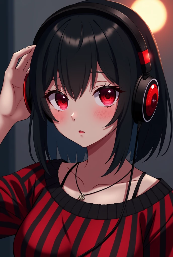 anime art/woman/black hair/red eyes/red and black striped sweater/necklace/white headphones