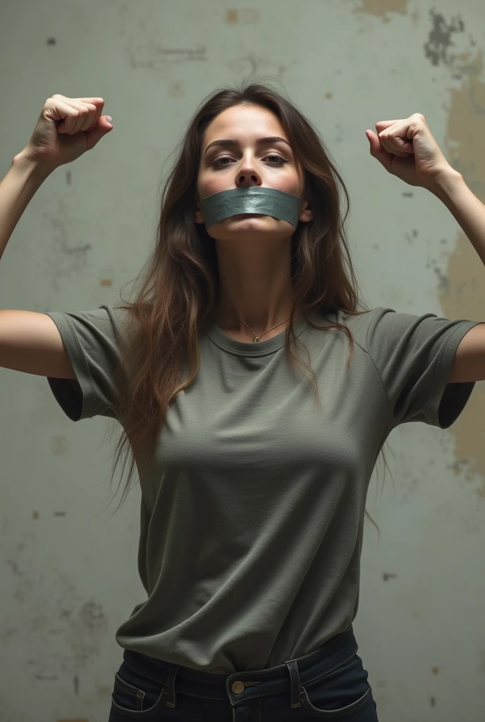 woman with tape on her mouth, prevented from speaking, Showing the arms
