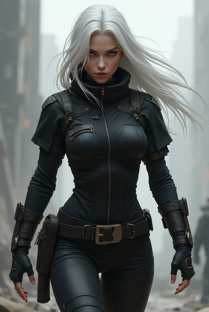 Human female character, with long white hair, pink eyes, white skin color, not very feminine black fighting clothes.
