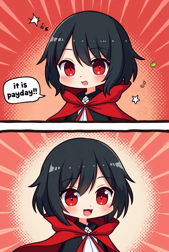 chibi style, kawaii style, 2 comic panels, dot halftone, flat color, main character is a beautiful black short hair vampire girl with red eyes wearing red cloak rising her smartphone, panels one with main character smiley face and the text "Cha-Ching" in sound effect, panel tow with main character happy face sparkling eyes and saying "IT IS PAYDAY!", text fontstyle comedy comic, red dot background, super cute girl, short comic