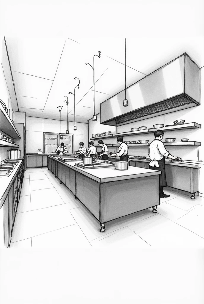 Imagine a kitchen in the garde manager area (cold kitchen) make a picture that looks like a drawing
