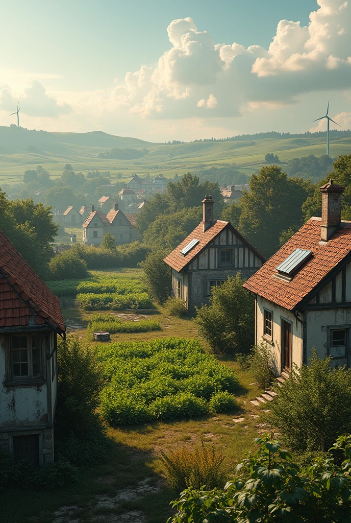 Create a realistic image of somewhat old buildings adapted to the new direction of the sun, farms with experimental crops.