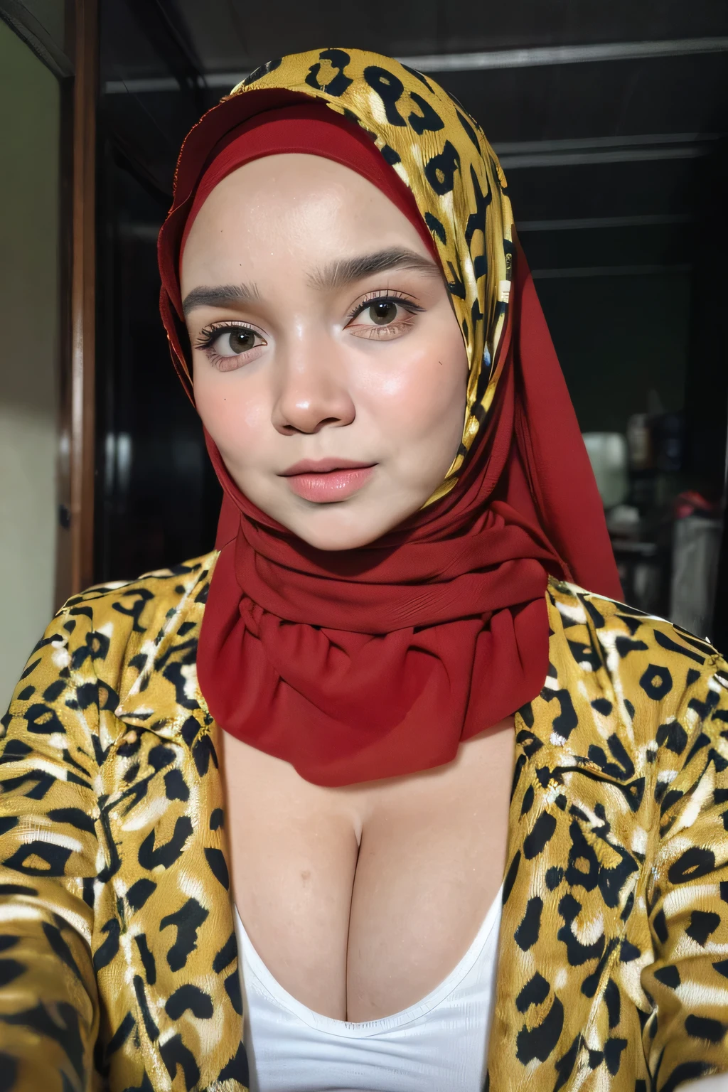 (((Baby Face))), Very cute like a baby face, ((Stylish Hijab)), adorable, 1 girl, , baby face, shy, half body portrait, (face details: 1), (eye details: 1), ((round large breasts, cleavage)). Cute posed. proportional body. Ultra High Res. realistic: 1.4, UHD, ((leopard pattern)), ((sad face details))