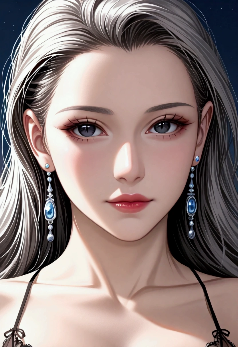score_9, score_8_superior, score_7_superior, High-resolution CG illustration,A masterpiece in 32K resolution,Highest quality,it is really amazing,Very detailed,Ultra-high resolution,Ultra-realistic,Realistic,Increased depth of field,Cinematic lighting,
Elegant mature Japanese woman,
Shiny silver hair,Wavy long hair,Showing his forehead,god々Beautiful,Ultra-detailed and beautiful face,Sensual look,Beautiful dark brown, moist eyes,Pitch black eyes,Glowing, moisturized skin,Translucent white skin,born々New skin texture,Great proportions,
Elegant wine-red slit dress,spaghetti straps,Deep slit,Detailed and beautiful lace decorations,born地の柔らかな質感,
Black panties,
Black Stockings,
A dark and blurry night background,Dark overcast sky on a dull night,Dark clouds filling the sky,Thundercloud,Coastline at night,Golden reflections on the sea surface,delay々A desolate sandy beach that continues,
Dramatic Angle,