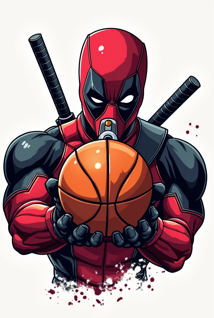 Haz un logo de Deadpool apuntando le con una pistola a una pelota de basketball. Que aparezca con una pistola apuntando le a una pelota de basket ball