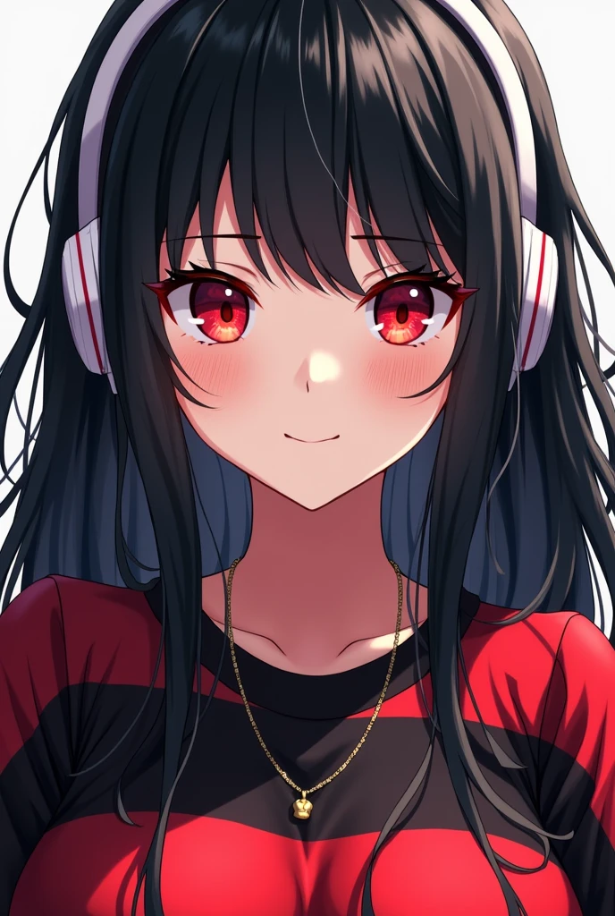 anime/woman/black hair/red eyes/red and black striped sweater/necklace/white headphones