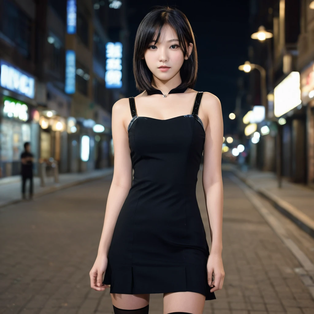 Yui, photo of female, age 15 year, perfect pupils, black shoulder length hair with brown highlights; (ultra quality, film grain, crystal clear, 8K UHD, high detailed skin, skin pores); very dark, at night, empty business district, sexy mini tight black short dress, black stocking, full body, side view