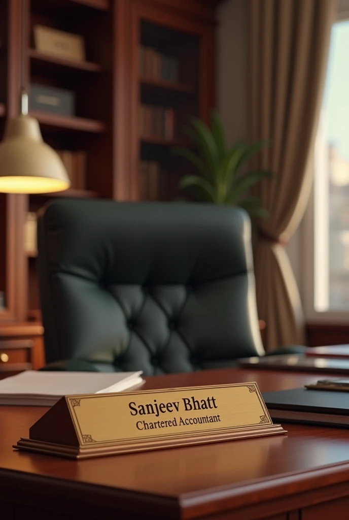 Beautiful office, Sanjeev Bhatt written on nameplate with prefix CA on office table in formal font