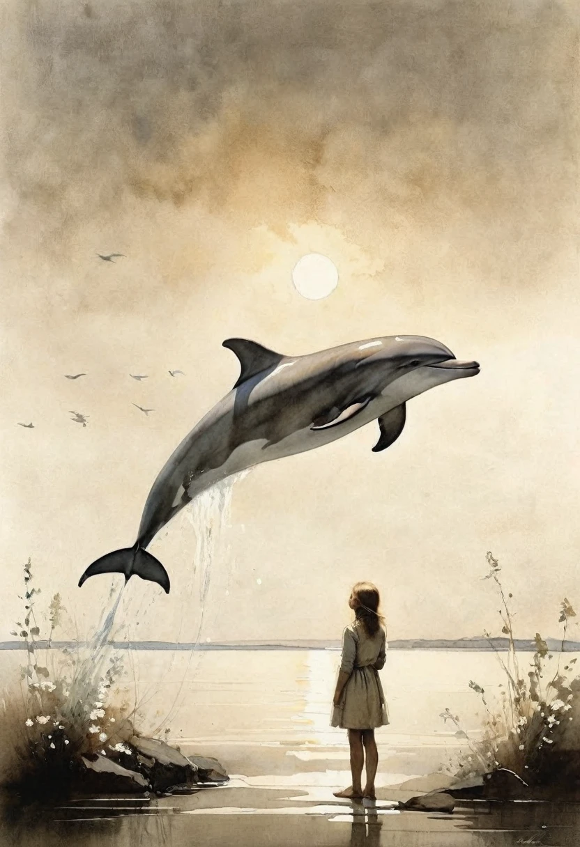 A poetic sketch about the friendship of a girl and a dolphin. masterpiece. The art by Andrew Wyeth features a muted floral palette and dry brush technique that creates a calm animation feel. mystical light and shadows.