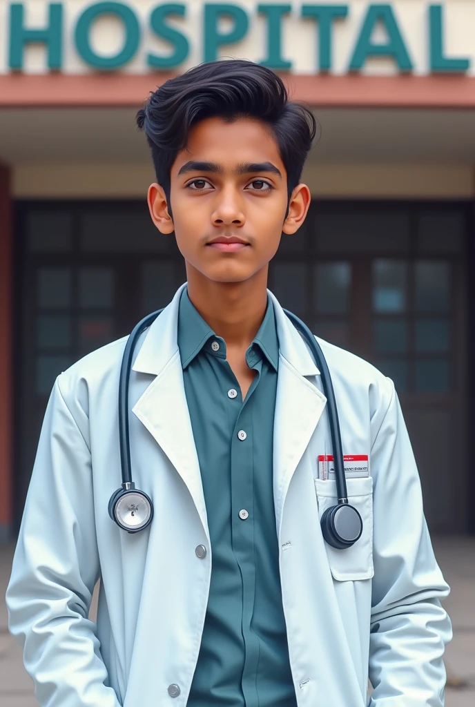 17 year old Indian boy wearing normal doctor MBBS dress posing for name Nadeem India hospital in background