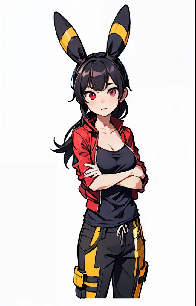 a girl with black hair, Umbreon ears, red eyes, wearing black cargo pants, a medium-sized breast, an open leather jacket, A ponytail hairstyle, and a pink undershirt, (best quality,4k,8k,highres,masterpiece:1.2),ultra-detailed,(realistic,photorealistic,photo-realistic:1.37),extremely detailed eyes and face,longeyelashes,cinematic lighting,dramatic lighting,dark moody colors,cyberpunk,dystopian,gritty,urban