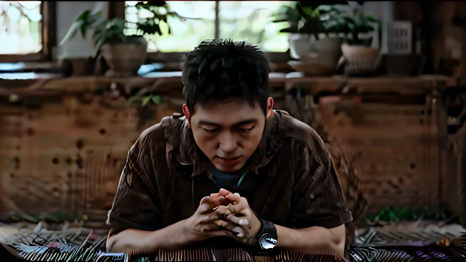 (Reality:1.2),simple man,happy,joy,church,Kneel down and pray,soft,Window sunlight,read《scripture》,Reality,Intricate details,warm color