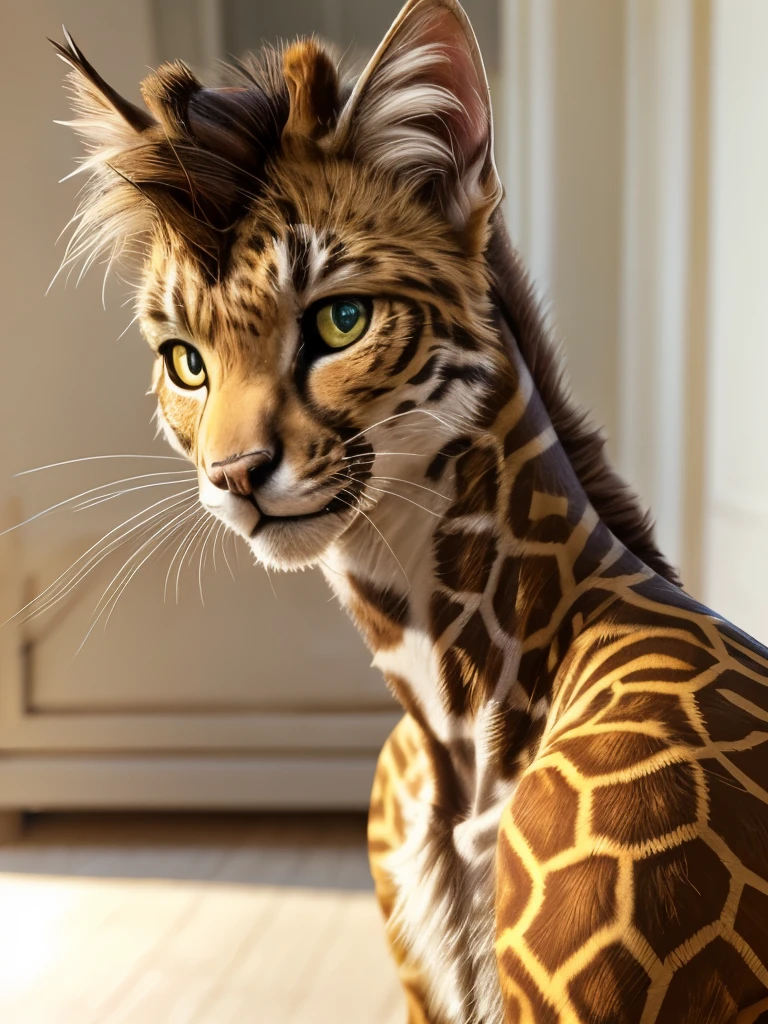 there is a cat sitting on a white surface looking at the camera, cat giraffe hybrid, the cat looks like giraffe, very handsome, spotted ultra realistic, cat dog hybrid, has a very realistic look to it, sora as a cat, tabaxi male, a handsome, high-resolution photo, cute looking, awesome cat, a cat, human cat hybrid