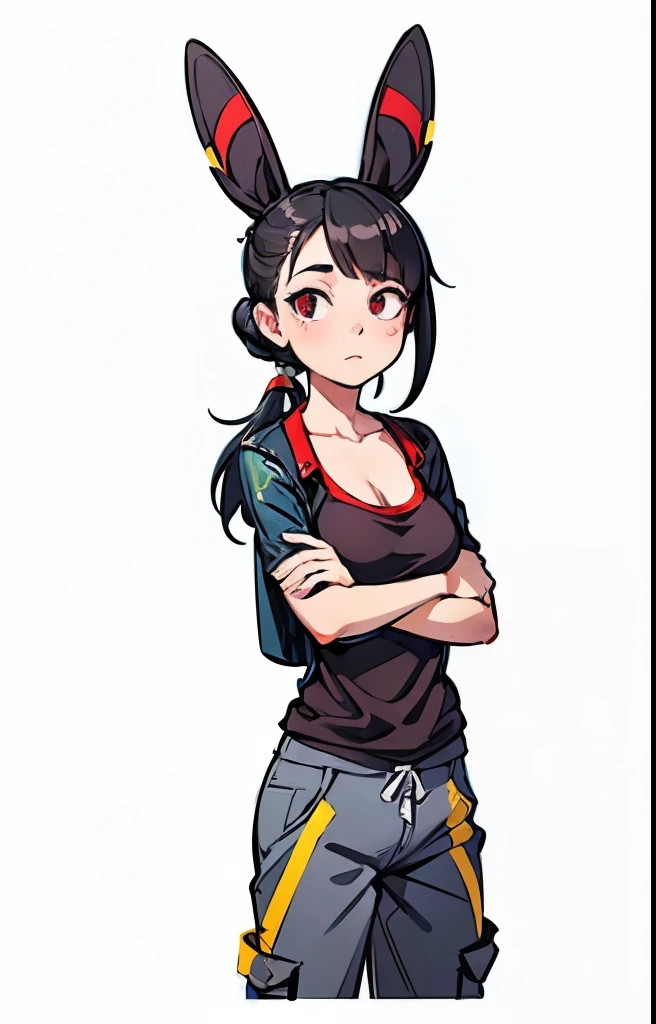 a girl with black hair, Umbreon ears, red eyes, wearing black cargo pants, a medium-sized breast, an open leather jacket, A ponytail hairstyle, and a pink undershirt, (best quality,4k,8k,highres,masterpiece:1.2),ultra-detailed,(realistic,photorealistic,photo-realistic:1.37),extremely detailed eyes and face,longeyelashes,cinematic lighting,dramatic lighting,dark moody colors,cyberpunk,dystopian,gritty,urban