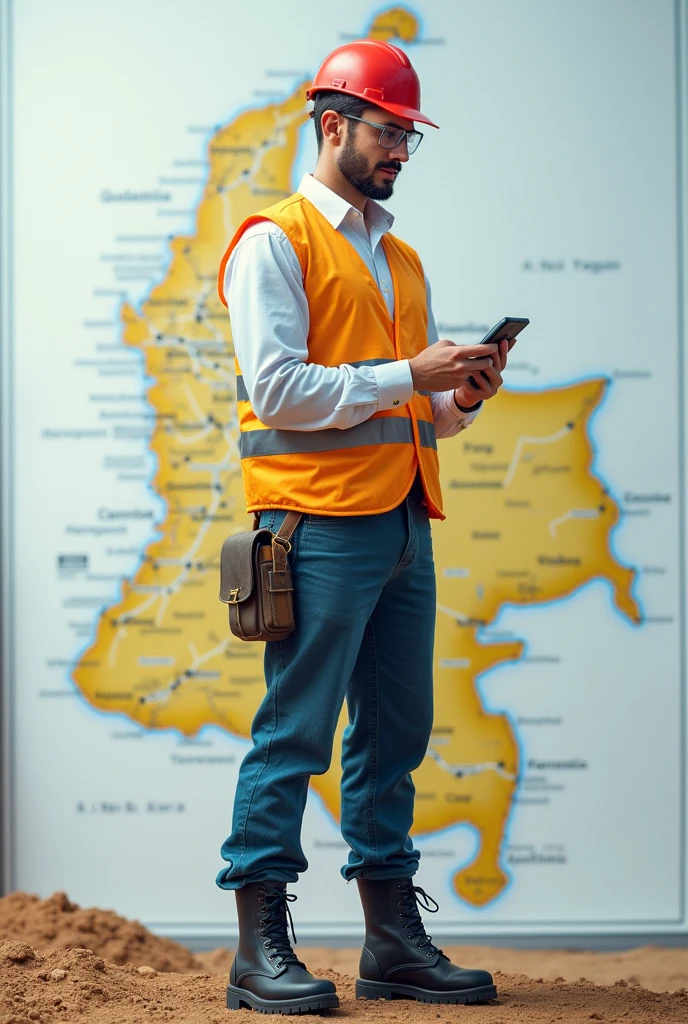 man wearing white long sleeve shirt, with yellow reflective vest, black safety boots, blue pants, red helmet, safety glasses and holding a phone, on a map of Colombia, looking for the coordinates of a point of sale