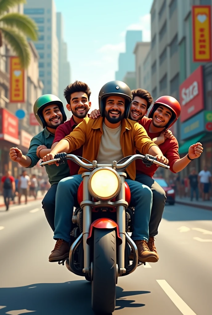 friends—Ahmed, Bilal, Farhan, Hammad, and Saad—riding their motercycle through the city streets, laughing and chatting as they head to their favorite restaurant. All friends different face
