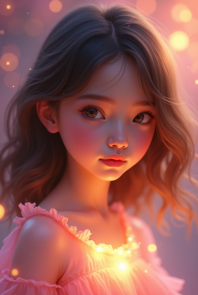 Create an image of a girl wearing pink clothes. Hairs should be brown. And glowing face.