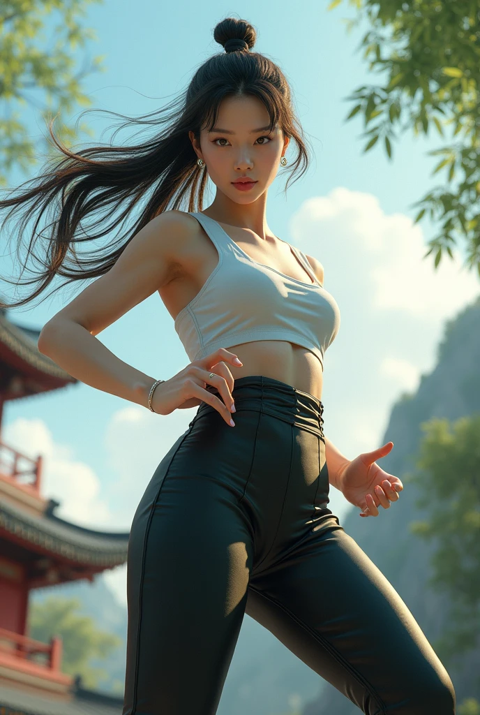 uhd, realistic,  kungfu female fighter with korean beauty like tae yon with her face clearly visible, wear white silk and black mate leather suit, windblown hair, full standing, wearing boots, left hand holding a traditional Chinese leaf shape fan, standing on top  china temple, background is the china bamboo forest, bright sky, side light. use the RenderMan renderer.digital art.High definition, high contrast, high color saturation, 128k,cinematic lighting, intricate, cinematic lens, advertising photograph,ultra detail,Wallpaper size.
(masterpiece, best quality,beauty)
