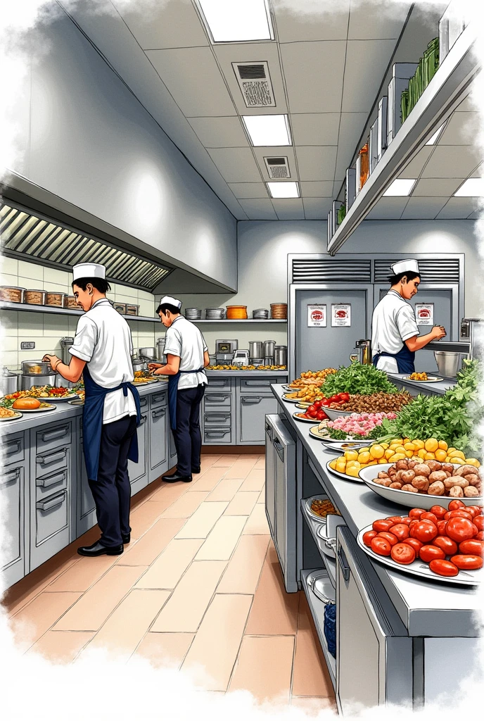 Imagine a kitchen in the garde manager area (cold kitchen) Make a picture that looks like a drawing but focuses on the garde manger area