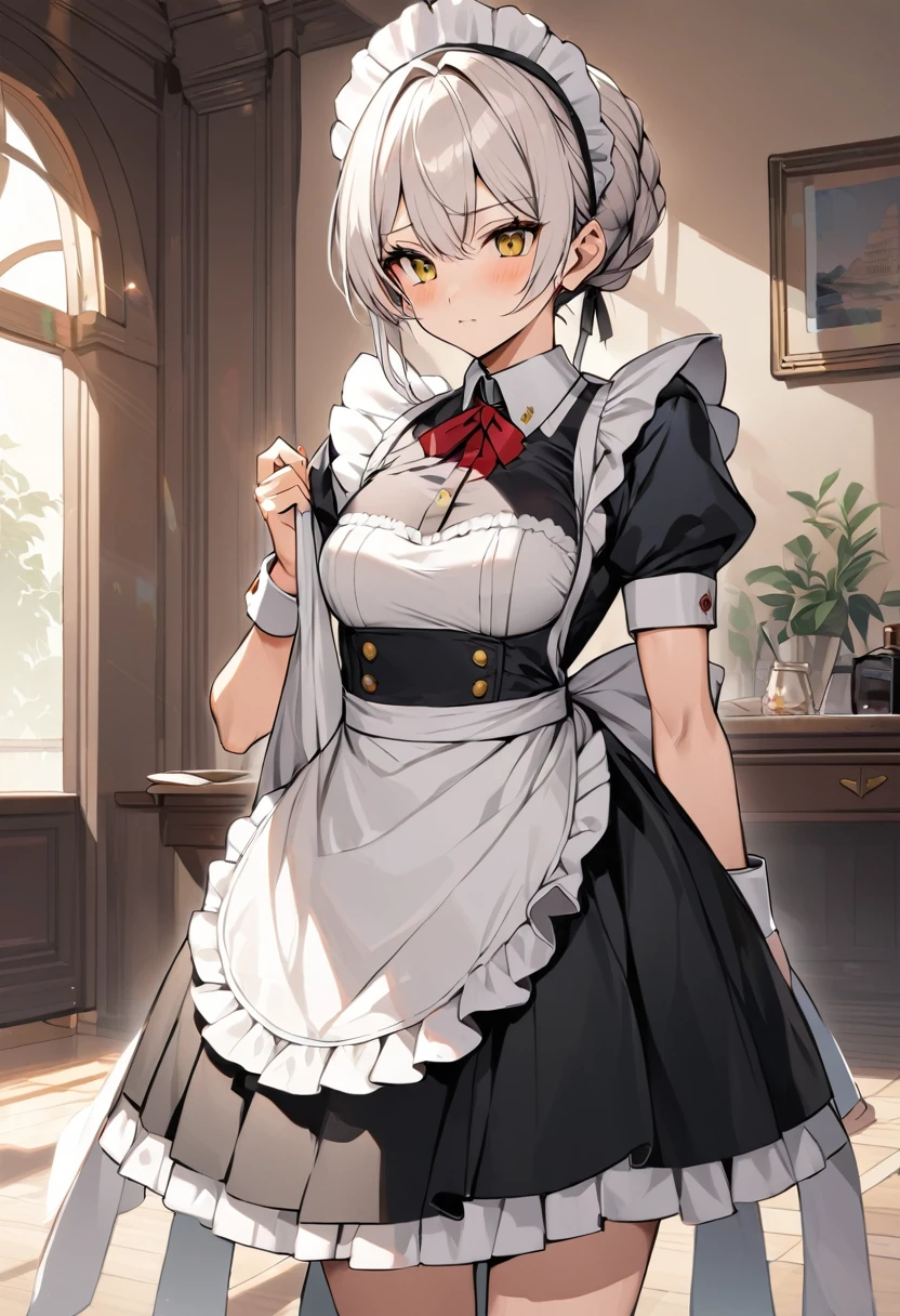 Private Maid, (compensate:1.2),  Maid&#39;s Headdress, Hair Clip, Cleavage, Huge breasts, Neck bell, bow, ((Maid Apron)), White gloves,  Garter Straps, White knee socks,  No students, Grin, Open your mouth, One person、Highest quality, masterpiece, fire Fly \(Honkai: Star Rail\), One person, alone, View your viewers, Inviting expression、