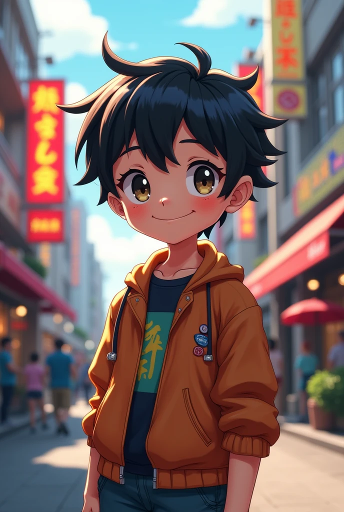 A boy, transformed into an anime style, with exaggerated unique facial features and clothing, standing on a bustling city street, backlit background highlighting the subject, high-contrast colors, 4K high-definition quality,young, smiling, handsome
