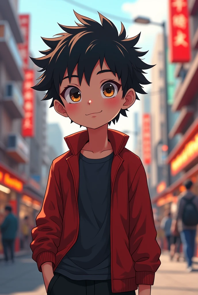 A boy, transformed into an anime style, with exaggerated unique facial features and clothing, standing on a bustling city street, backlit background highlighting the subject, high-contrast colors, 4K high-definition quality，young, smiling, handsome