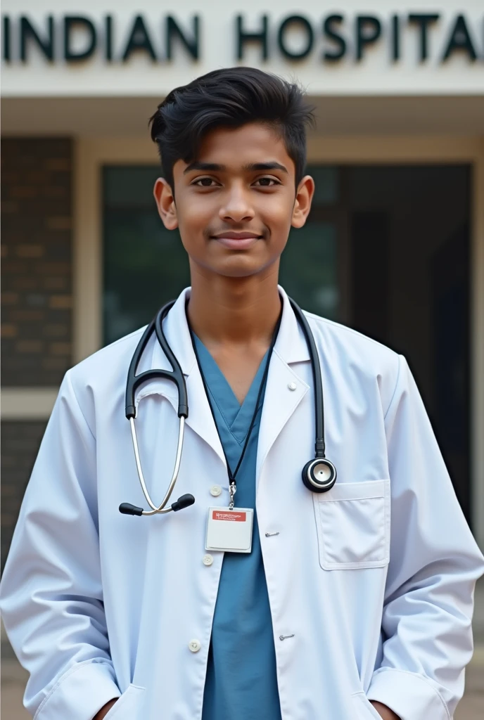 17 year old Indian boy wearing normal doctor MBBS dress posing for name Nadeem India hospital in background