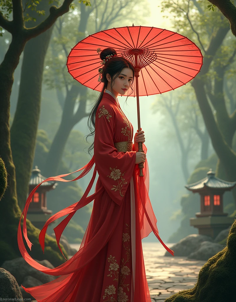 Create a high-resolution digital illustration of a young woman in her late s or early twenties standing in a dense, ancient forest. She holds a traditional oil-paper umbrella decorated with delicate plum blossom patterns, symbolizing the fusion of elegance and experience. The material of the umbrella should show a real oily paper texture and detailed patterns. Her other hand is holding a slender sword. The hilt is engraved with gorgeous dragon patterns, and the sword body shines with metallic luster, showing the real metal texture and meticulous craftsmanship.
She wore a beautiful crimson gown inspired by Li Lianhua's costume in the Chinese TV series "Lotus Tower." The robe should have an authentic fabric texture with delicate gold embroidery to showcase traditional Chinese aesthetics. The garment's layered design and loose cut needed to convey a natural drape, moving naturally with her every step. The long red ribbon and the pleats of the robe should give a realistic effect of light and shadow, adding movement and depth. Her hair is styled in a classic updo with jade hairpins and delicate tassels, with a few stray strands of hair falling naturally beside her face, highlighting her youthful and mature face. Her facial features should show the innocence of youth and the subtle lines of worldly experience.
She looked back into the distance, her expression a mixture of longing and determination. Her large almond-shaped eyes should have a deep expression that conveys the challenges she faces and the wisdom she gradually gains. The background is a verdant green forest, with tall ancient trees forming a natural canopy. The sunlight passes through the leaves and casts mottled shadows, showing the true effect of natural light and shadow.
The scene includes Chinese elements: moss-covered stone lanterns, winding bamboo paths, and mist-shrouded mountains in the distance. These elements should present authentic textures and details, adding an air of mystery. The entire p