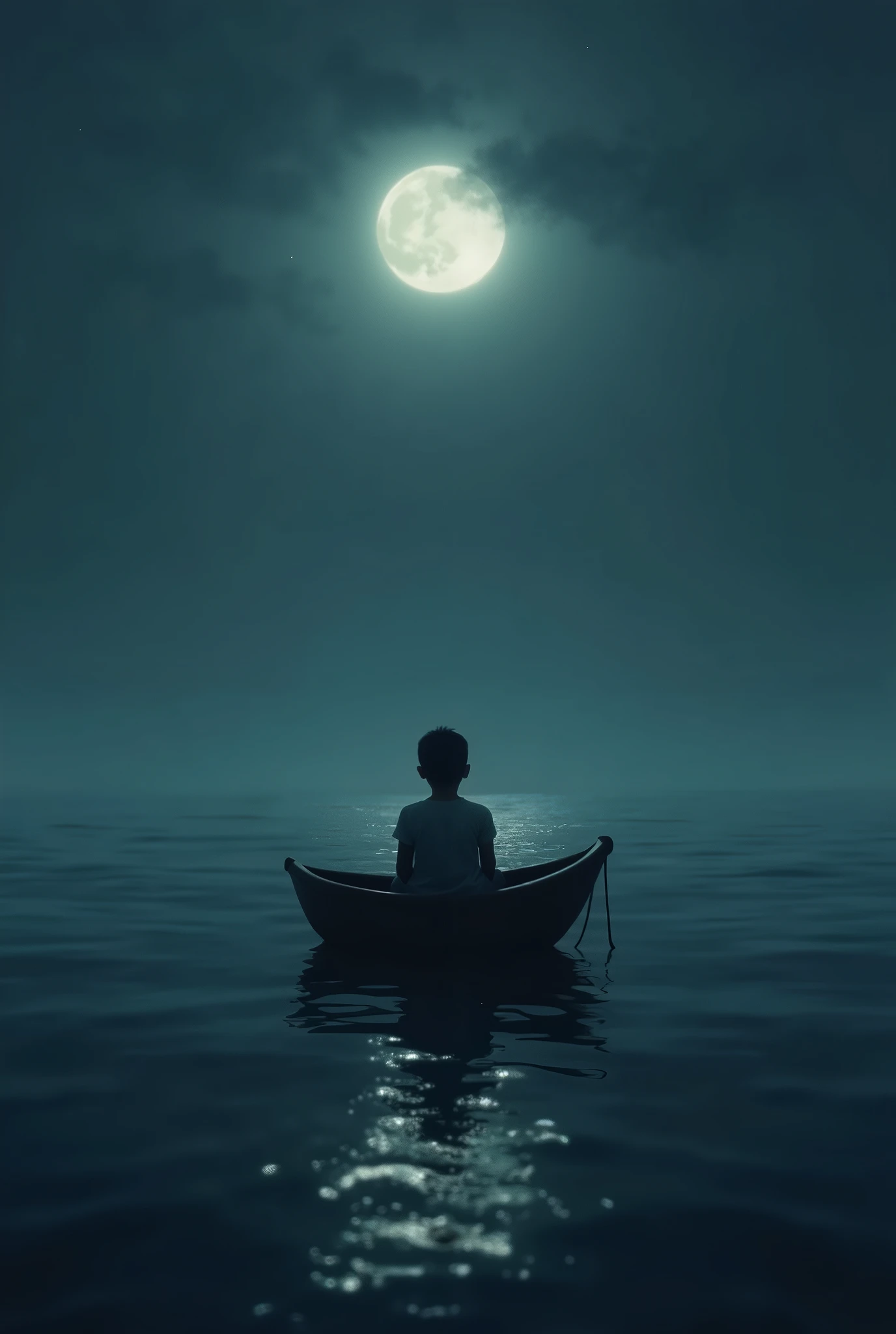 Boy sitting sadly in a small boat in the middle of an ocean in moon light with cinematic view
