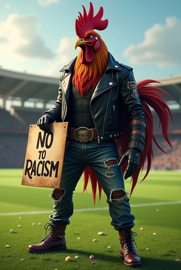 strong and avenging rooster with a rock outfit in a human body on a football pitch holding a sign with the words no to racism