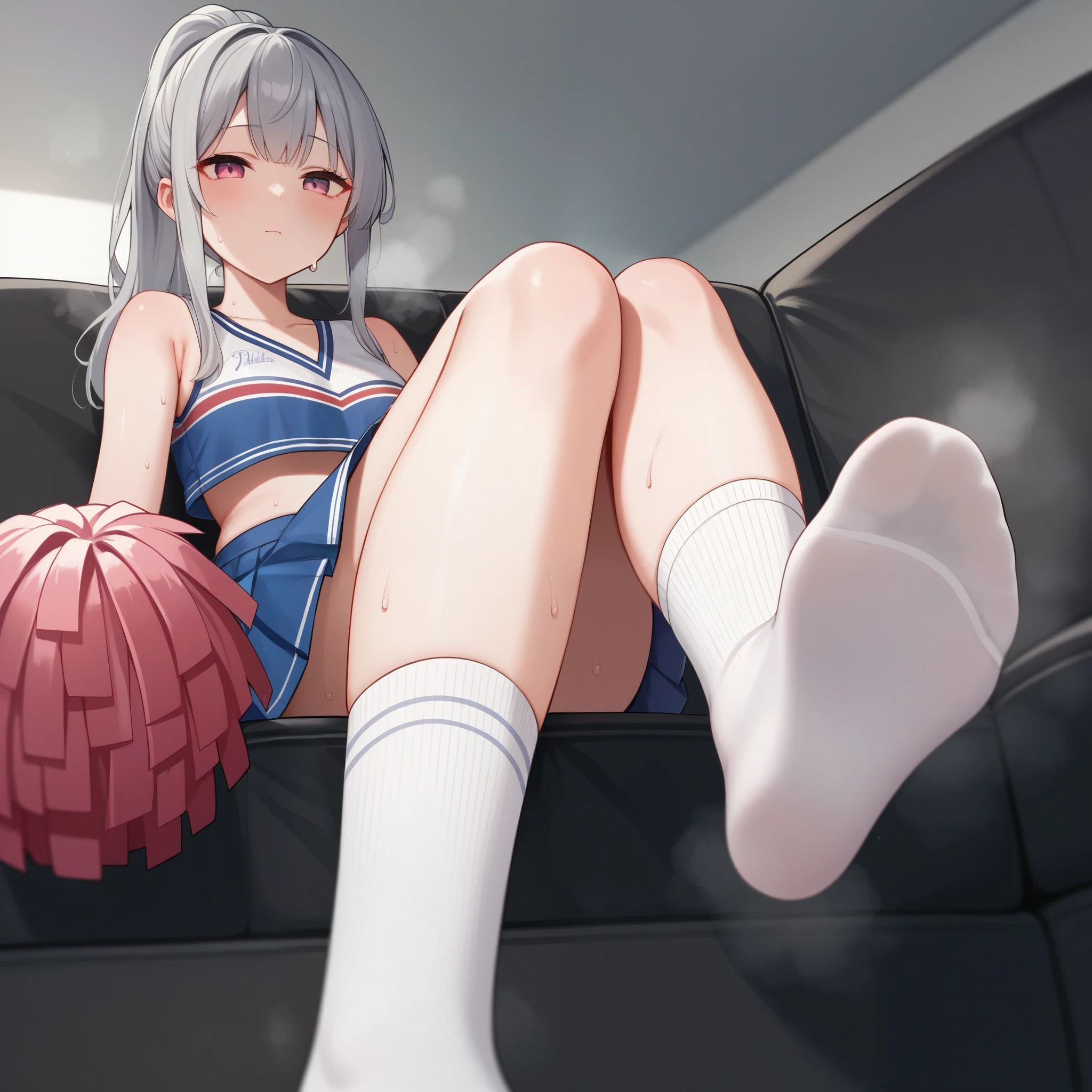 nsfw,beautiful girl,Anime Face,high school girl,Gray Hair,ponytail,steam,(low quality,worst quality:1.4),extra limbs,missing limb,extra digit,fewer digit,missing digit,missing finger,fused fingers,mutated hands and fingers,1girl,sweat,from below,soles of both feet,show the soles of your feet,face forward,stretch your legs,front,sit with legs stretched out,front,on the couch,cheerleader,socks