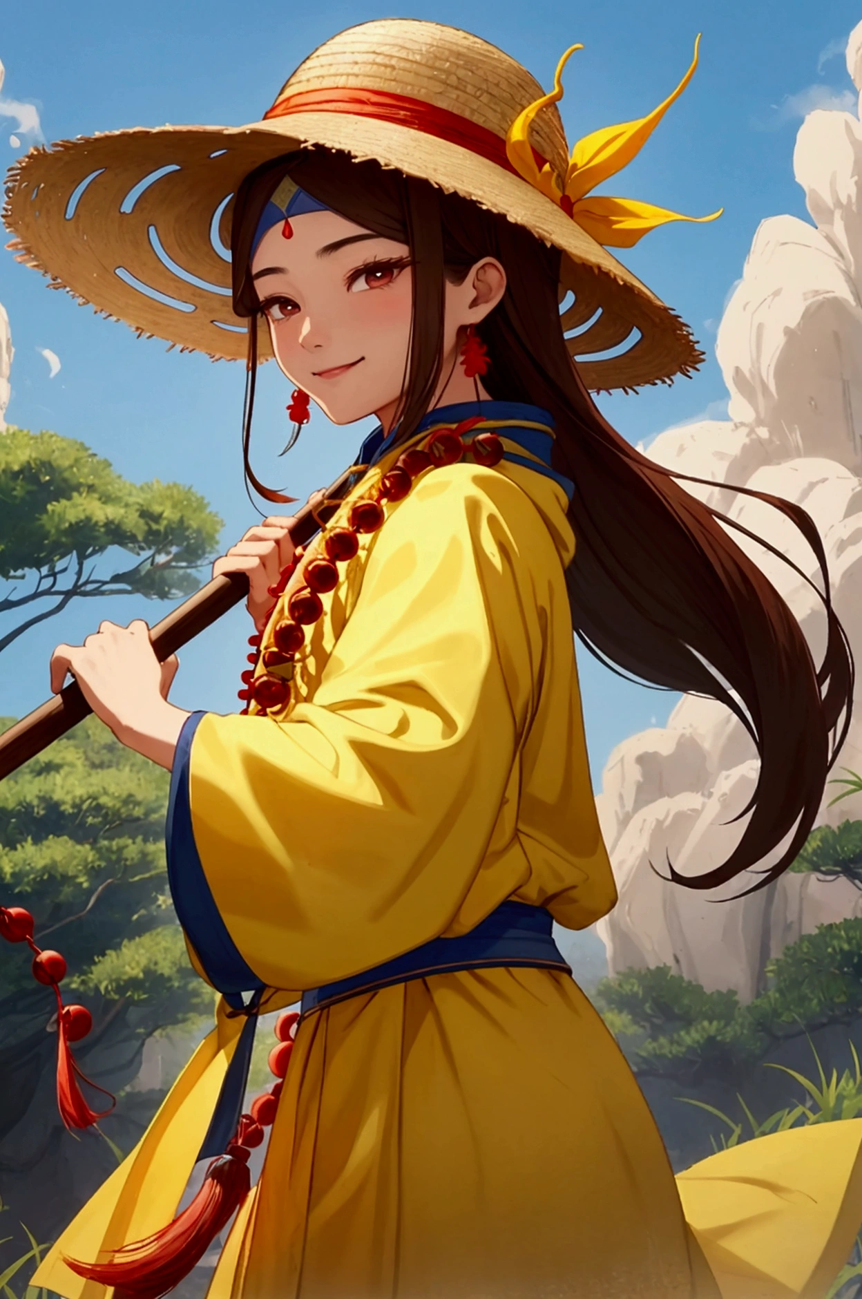 A humble rice farmer with brown hair and vertical slit eyes wearing a conical straw hat, yellow robes adorned with red-blue prayer beads. With a spear in hand, he looks at the viewer with a satisfied and sarcastic smile. (WUXIA/XIANXIA)