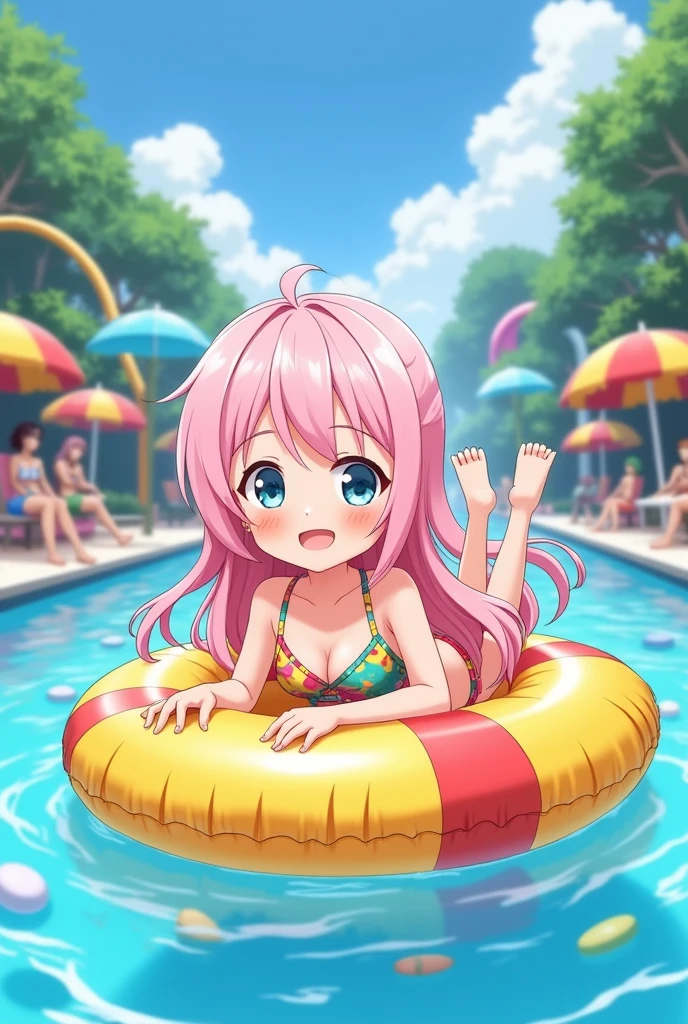 アニメ, cute girl with light pink hair in swimwear in a water park lying on a float