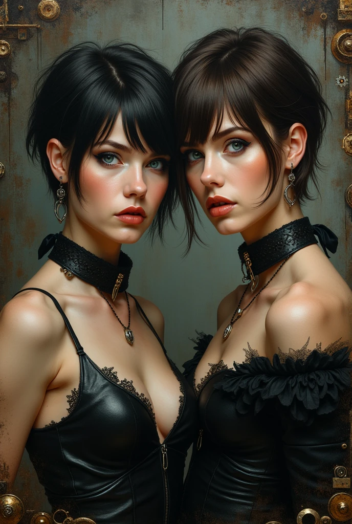 A single Beautiful 2 woman. Dark brown hair, pixie haircut. blue eyes. daring outfit. goth tomboy. maidenly charm. Dark sci-fi. Warhammer 40k. Dieselpunk and steampunk. baroque oil painting.