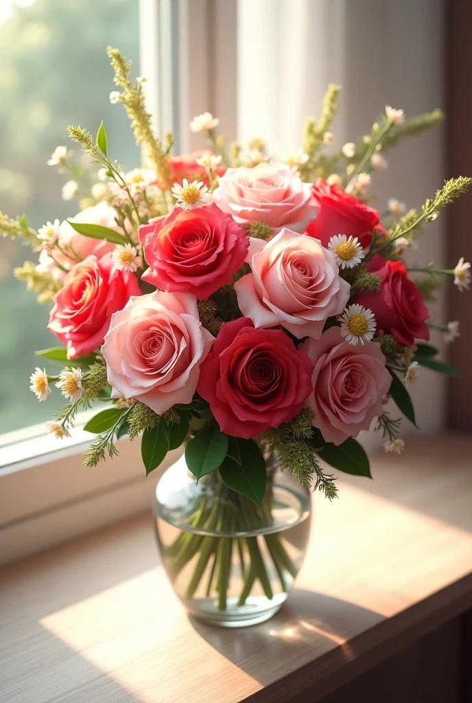 Bouquet of roses and cute flowers、Decorate a vase、beautiful、Window、