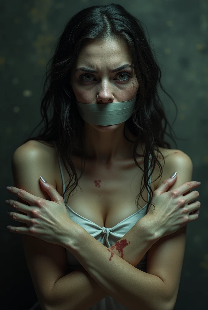 woman with tape on her mouth, prevented from speaking, Showing the arms. bruised