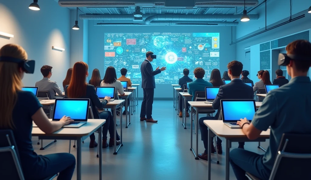 The role of AI and machine learning in modern classrooms, utilizing VR for enhanced student engagement and interactive learning.