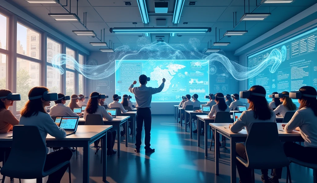 The role of AI and machine learning in modern classrooms, utilizing VR for enhanced student engagement and interactive learning.
