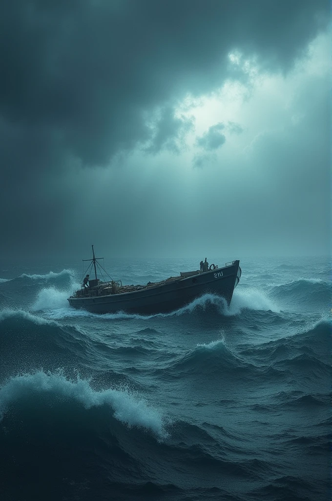 A raft in a rough sea with a storm