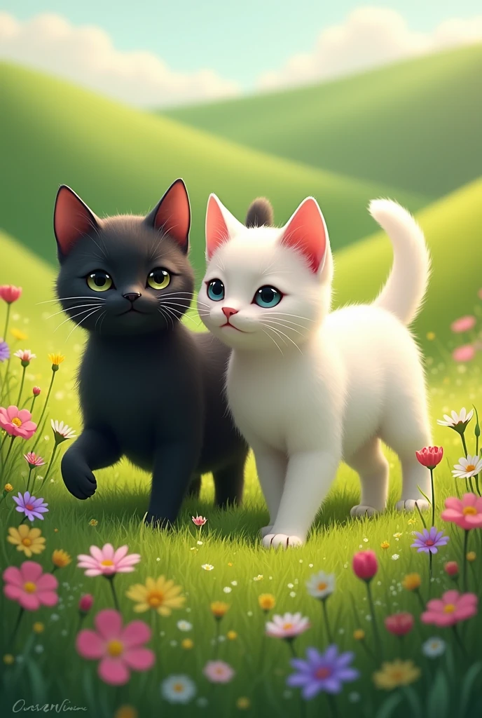 Black cat and white cat comes on the flowers grass soop