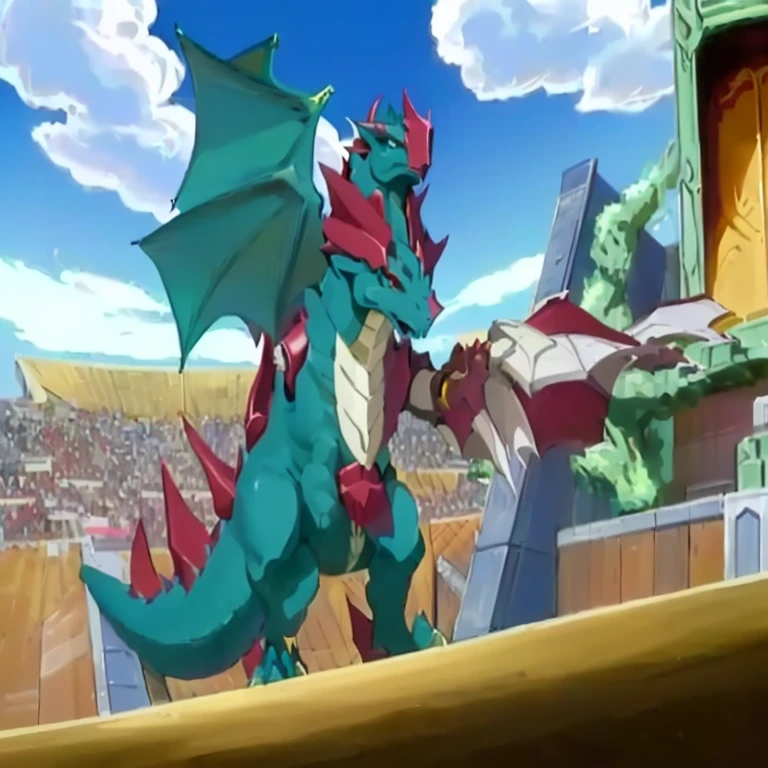 there is a dragon that is fighting a dragon in a stadium, slifer the sky dragon, gelbooru anime image, safebooru anime image, dialga the pokémon, a baddass dragon, gurren lagan, but as an anthropomorphic dragon, sharp!, dra the dragon, pokemon fighting at world war 2, fighting a dragon