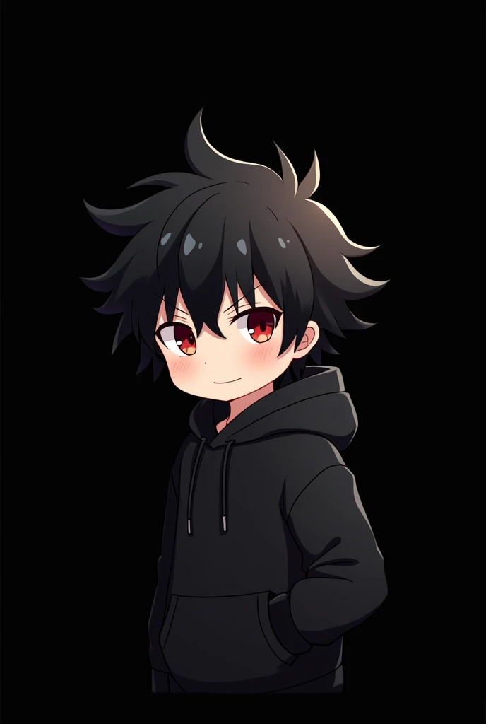 Blank black background , Anime boy involved , Spiky hair , black hair , blank black hoodie , red eyes , narrowed eyes , chibi , says "yes kiddo?"