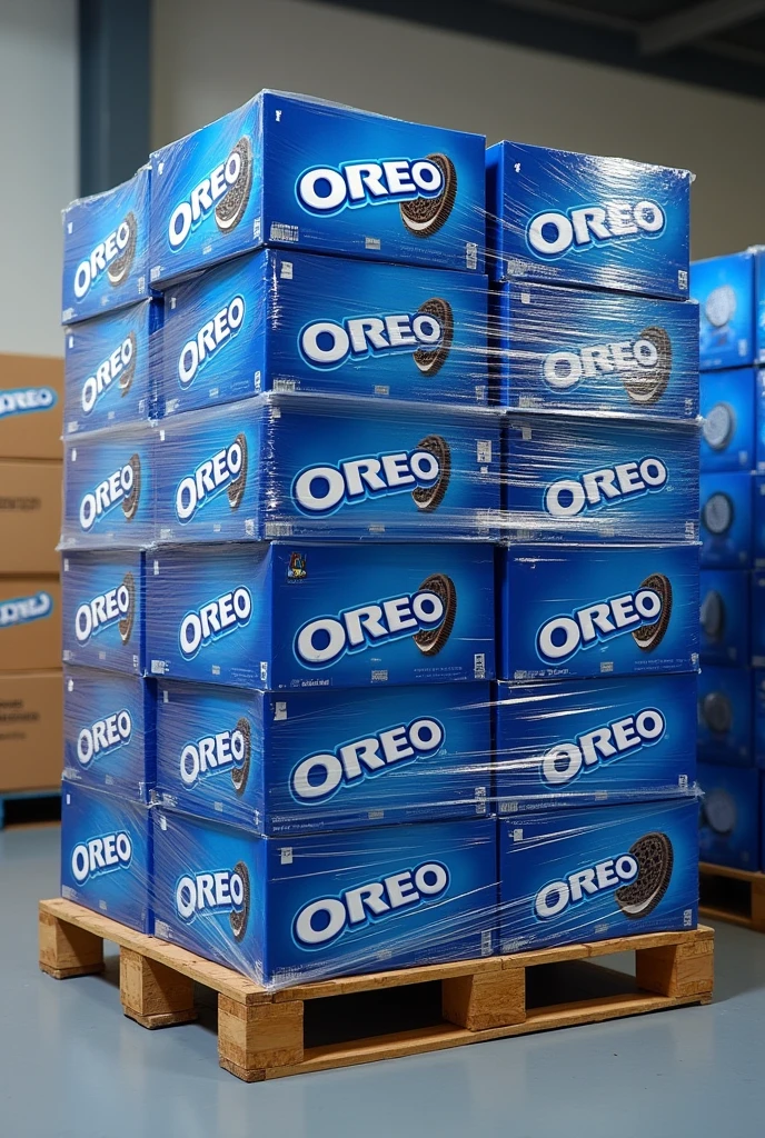 I want a Pallet full with a lot of medium sized blue cardboard boxes of Oreo (show the representative brand printed in the boxes), tightly wrapped in a lot of plastic paper.