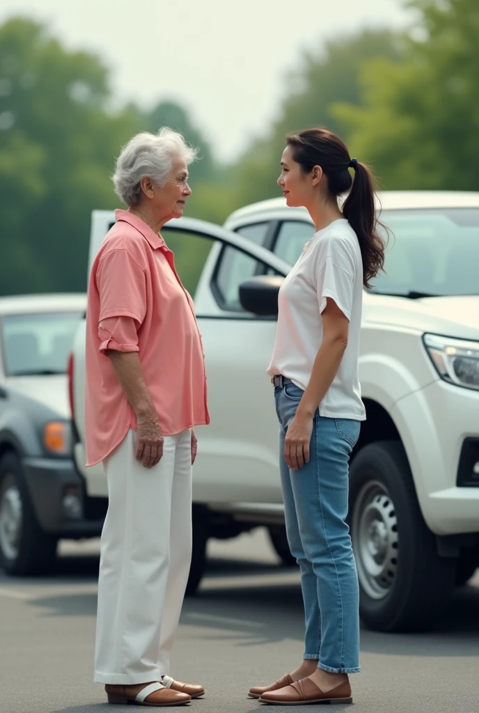 Image One A parking lot with 2 women, one of them an old woman wearing a pink blouse and white pants and the other a 35-year-old woman wearing a white blouse and blue pants, They are talking and behind them there is a white Nissan Pkup type truck with the door open..