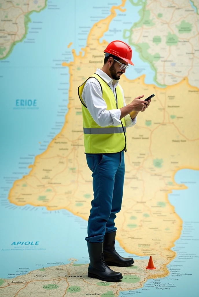man wearing white long sleeve shirt, with light yellow reflective vest, black safety boots, blue pants, red helmet, safety glasses and holding a phone, on a map of Colombia, looking for the coordinates of a point of sale